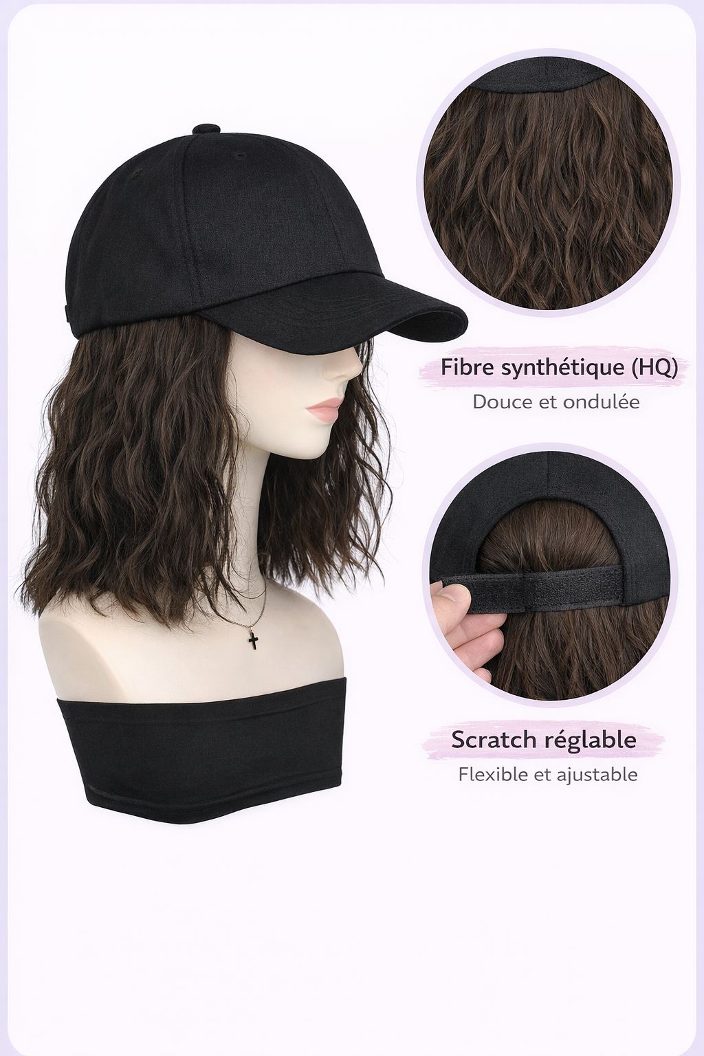 Casquette Perruque Femme – Cheveux Courts Bouclés Effet Naturel